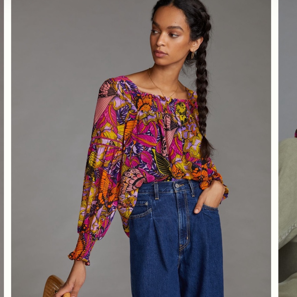 Anthropologie Alexandra Farmer‎ Puff Sleeve Floral Butterfly Blouse